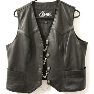 Chrome Black Leather Vest Women's XL Chains & Harley Snaps